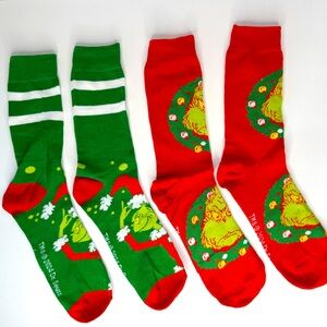 2 Dr. Seuss Grinch Christmas Crew Socks Red Green sz 9-10